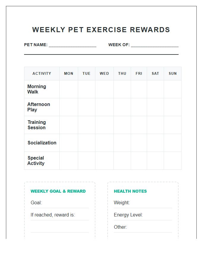 Weekly Pet Exercise Rewards Printable Chart