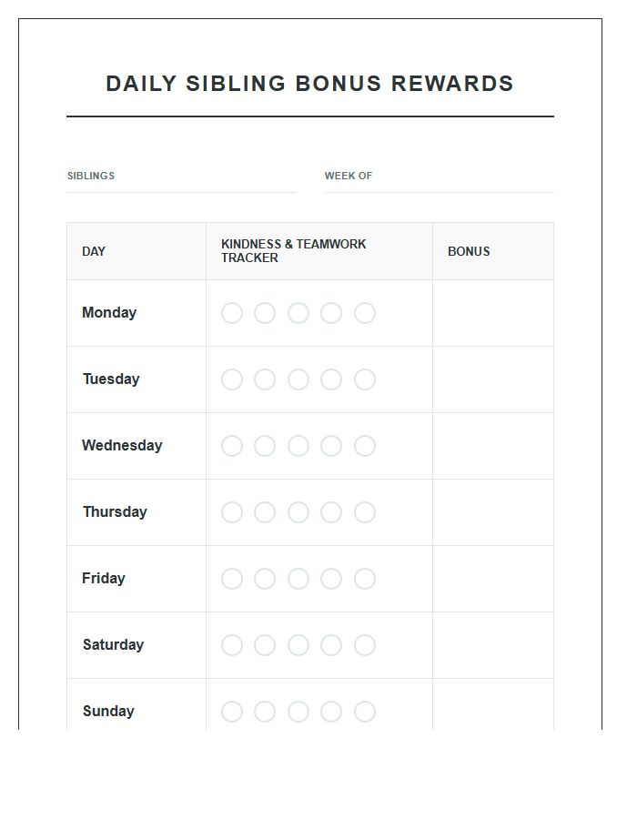 Daily Sibling Bonus Rewards Printable Chart