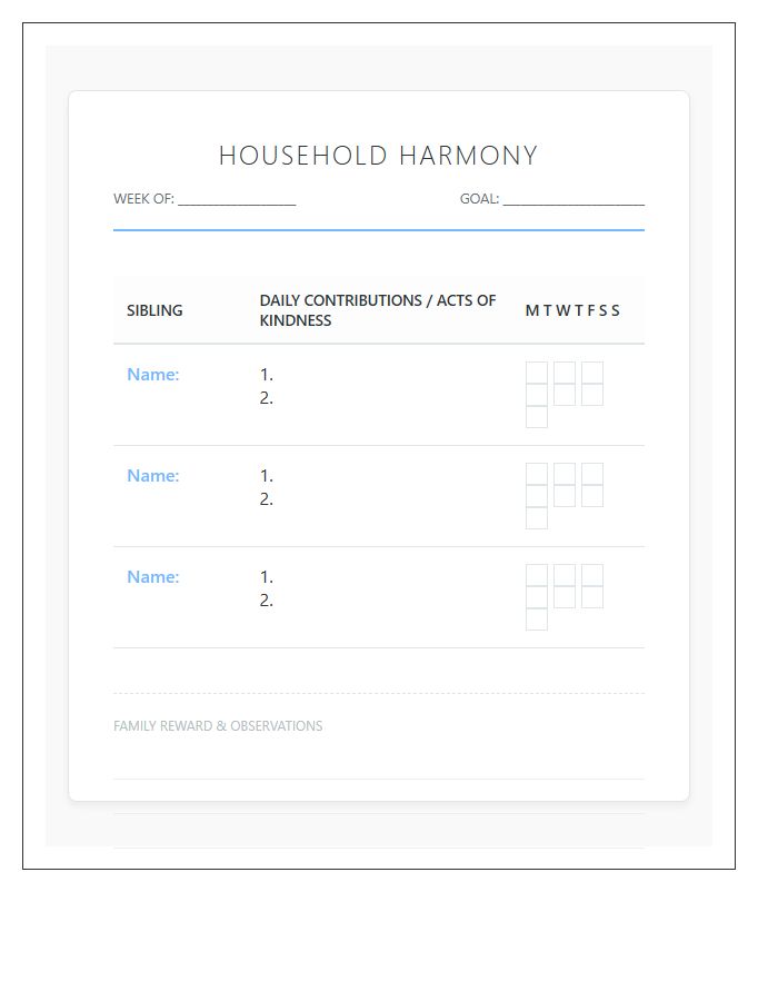 Household Harmony Sibling Printable Chart