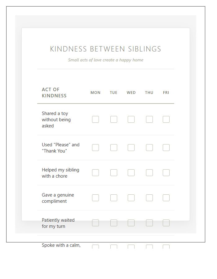 Kindness Between Siblings Printable Chart