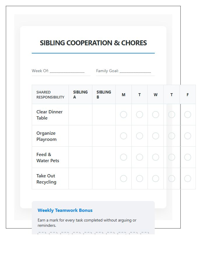 Sibling Chores And Cooperation Printable Chart