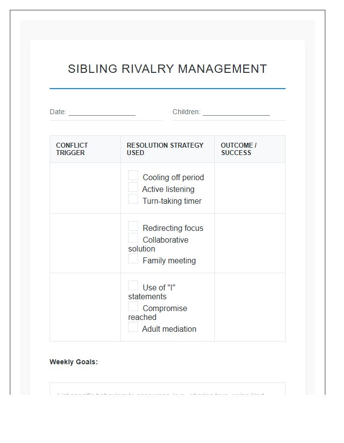 Sibling Rivalry Management Printable Chart