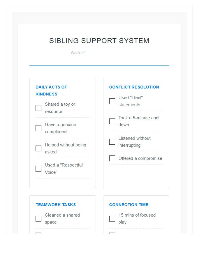Sibling Support System Printable Chart