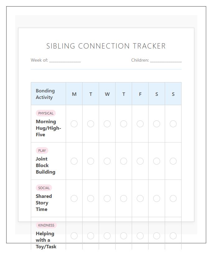 Toddler Sibling Bonding Printable Chart