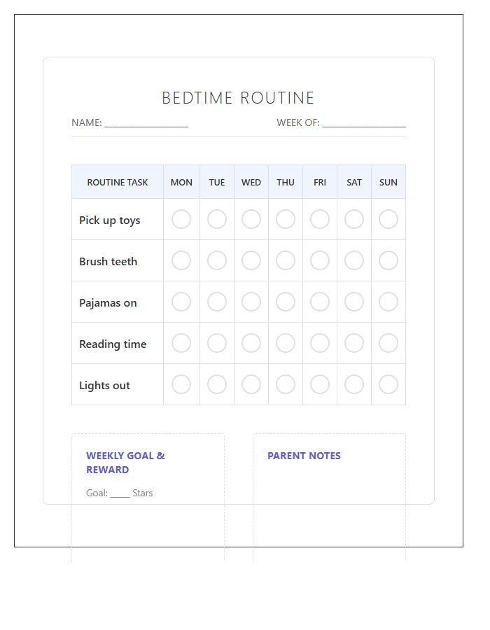 Bedtime Routine Rewards Printable Chart Template