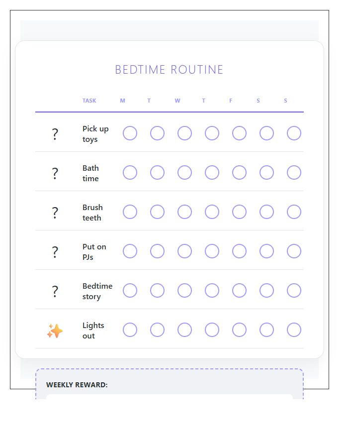 Illustrated Bedtime Routine Rewards Printable Chart