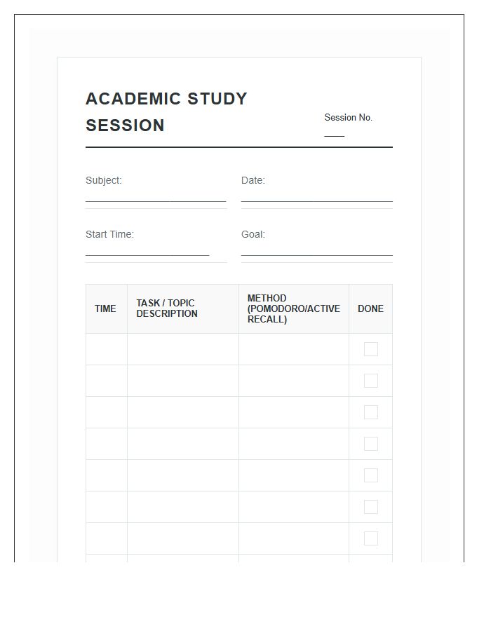 Academic Success Study Session Planning Printable Chart