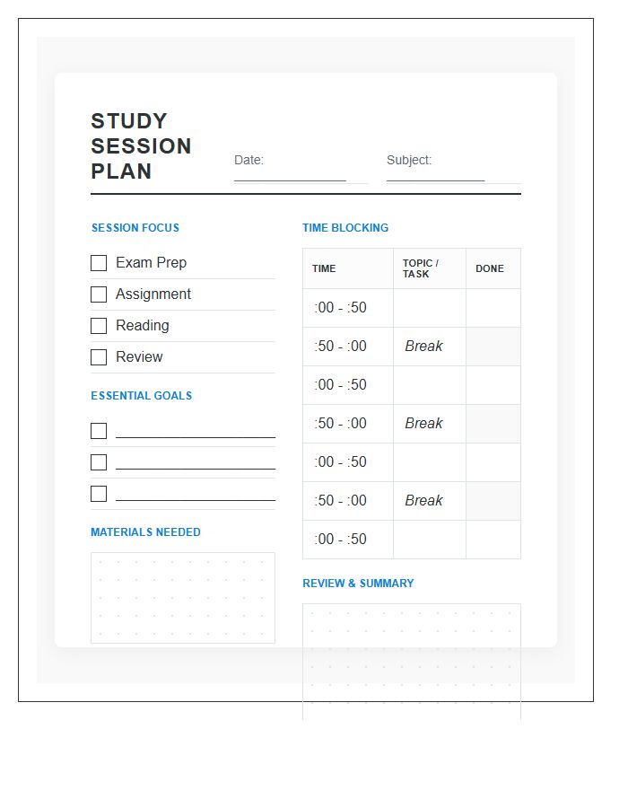 College Student Study Session Planning Printable Chart