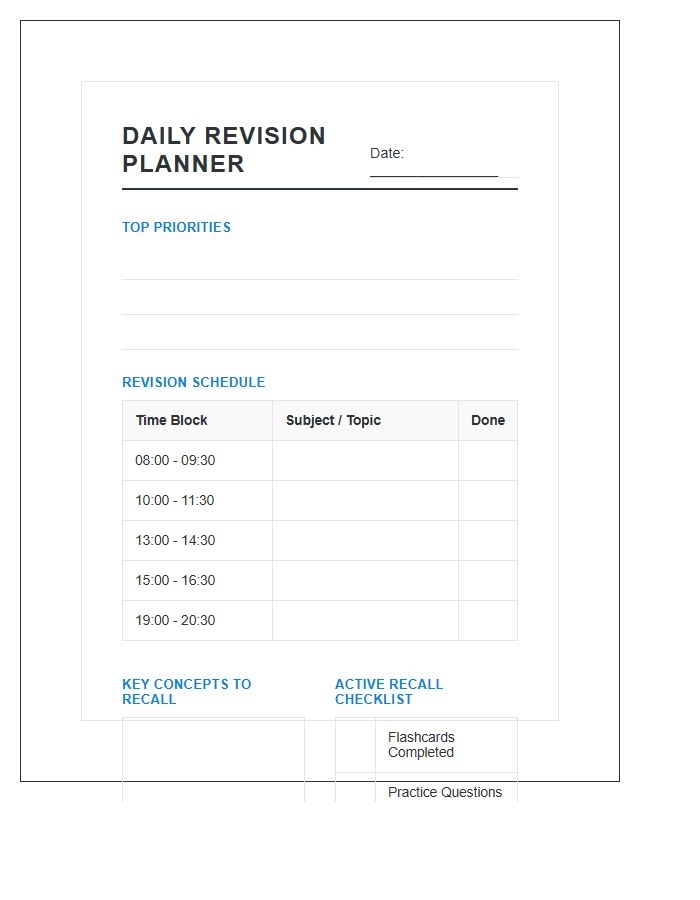 Daily Revision Study Session Planning Printable Chart