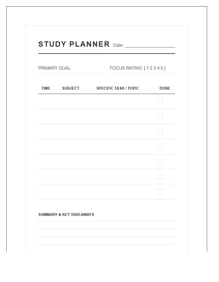 Daily Study Session Planning Printable Chart