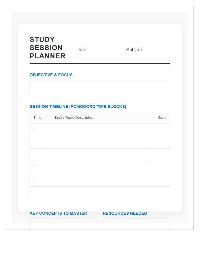 Effective Study Session Planning Printable Chart