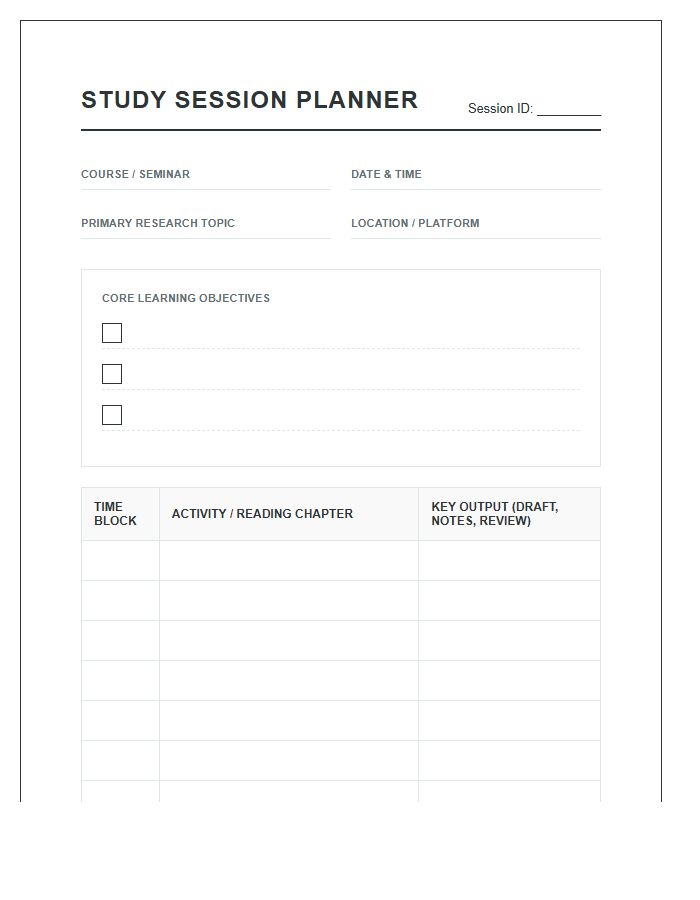 Graduate School Study Session Planning Printable Chart