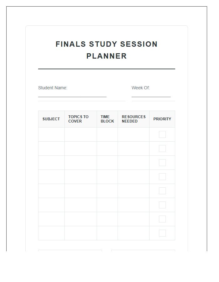 High School Finals Study Session Planning Printable Chart