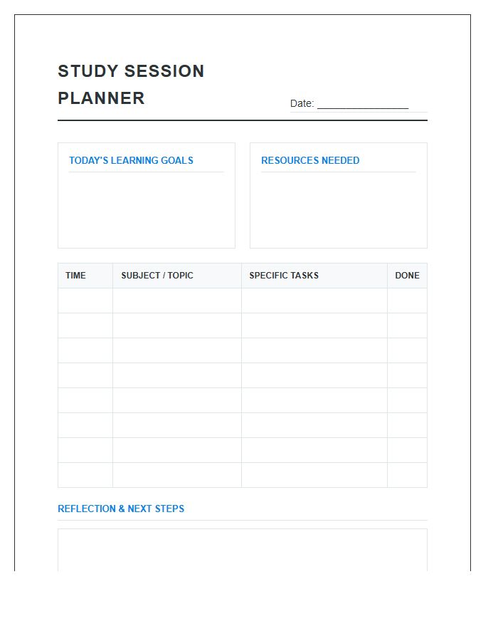 Homeschool Study Session Planning Printable Chart