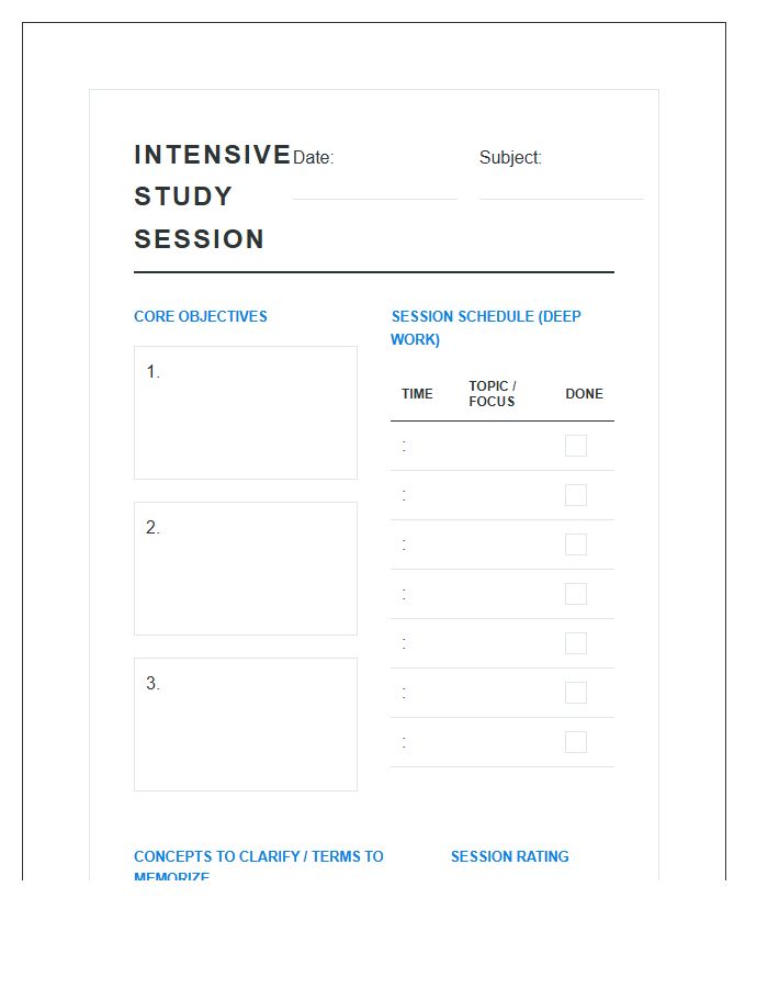 Intensive Study Session Planning Printable Chart