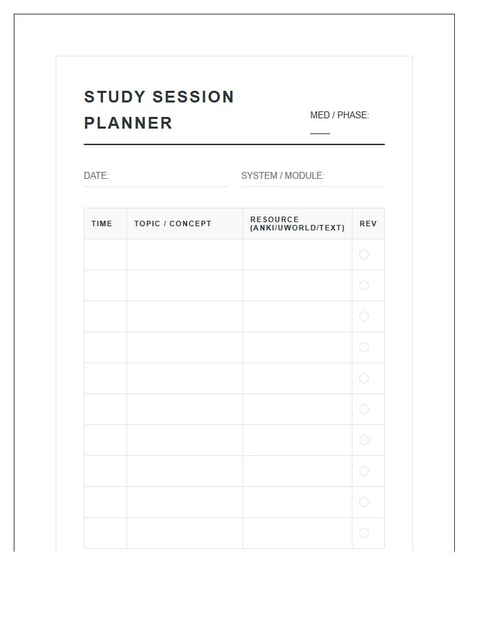 Medical Student Study Session Planning Printable Chart