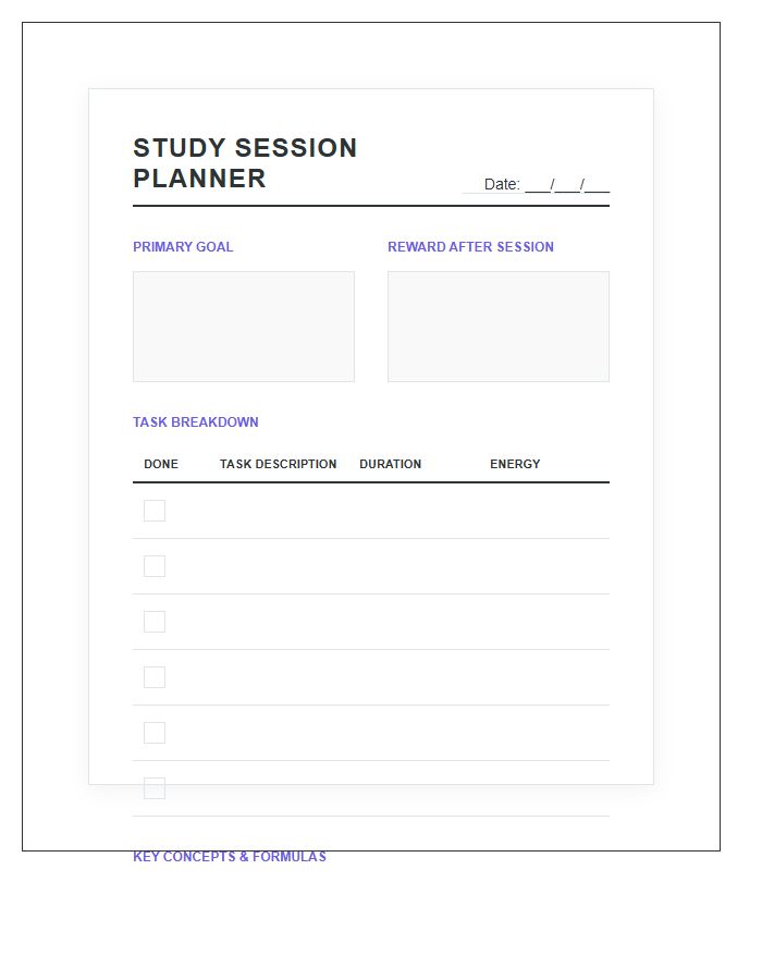 Productive Study Session Planning Printable Chart