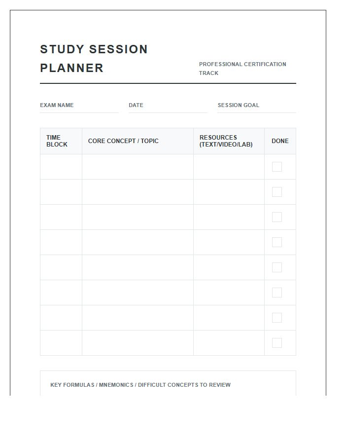Professional Exam Study Session Planning Printable Chart