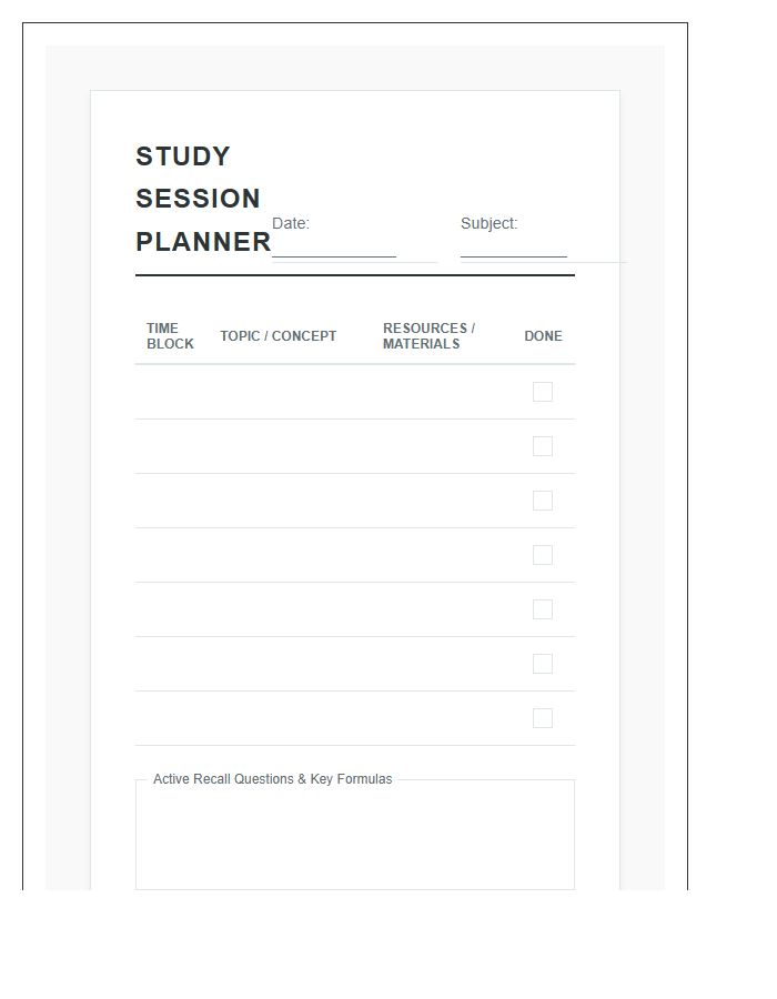 Standardized Test Study Session Planning Printable Chart
