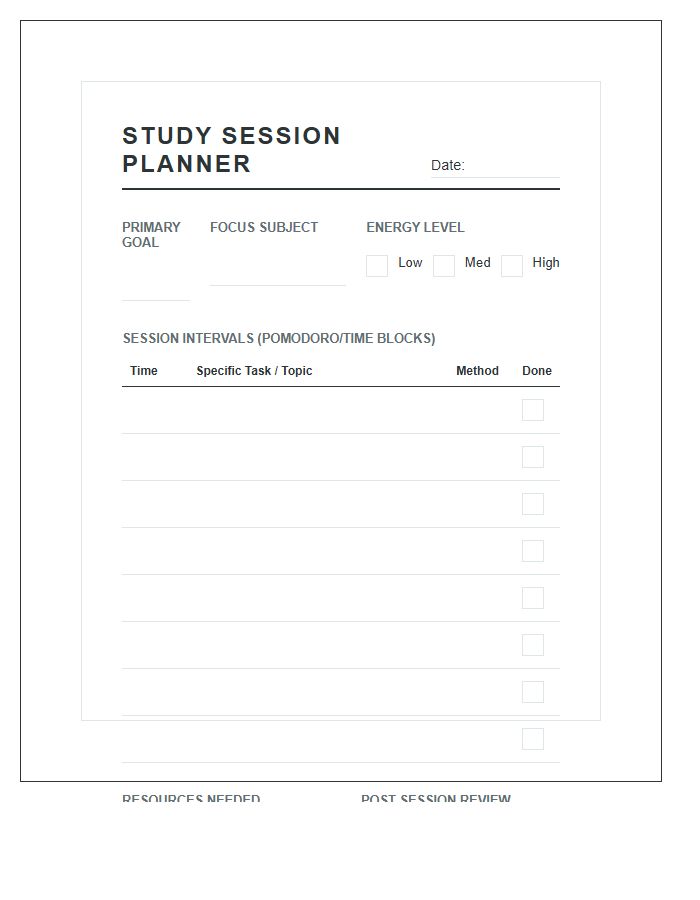 Structured Study Session Planning Printable Chart