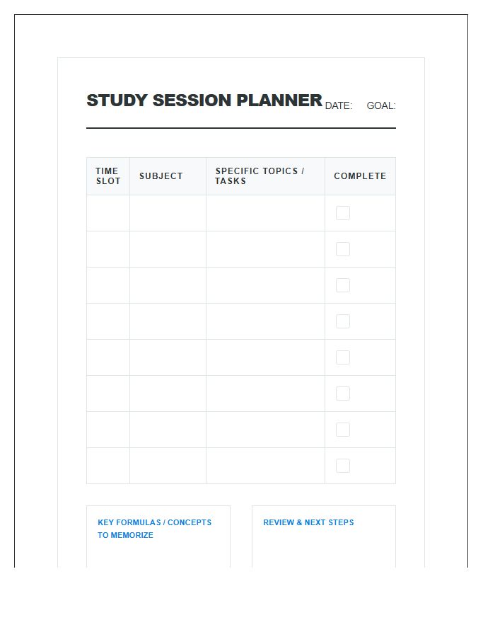 Subject Wise Study Session Planning Printable Chart