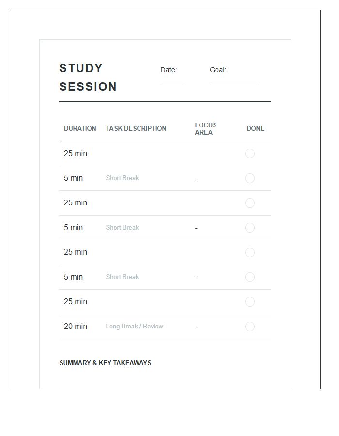 Timed Study Session Planning Printable Chart