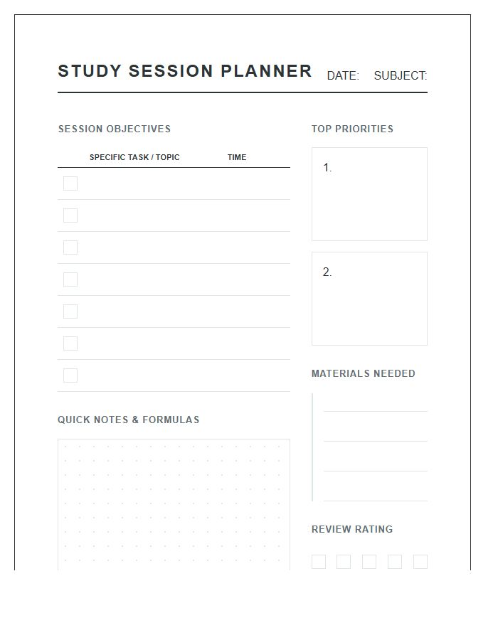 Visual Study Session Planning Printable Chart
