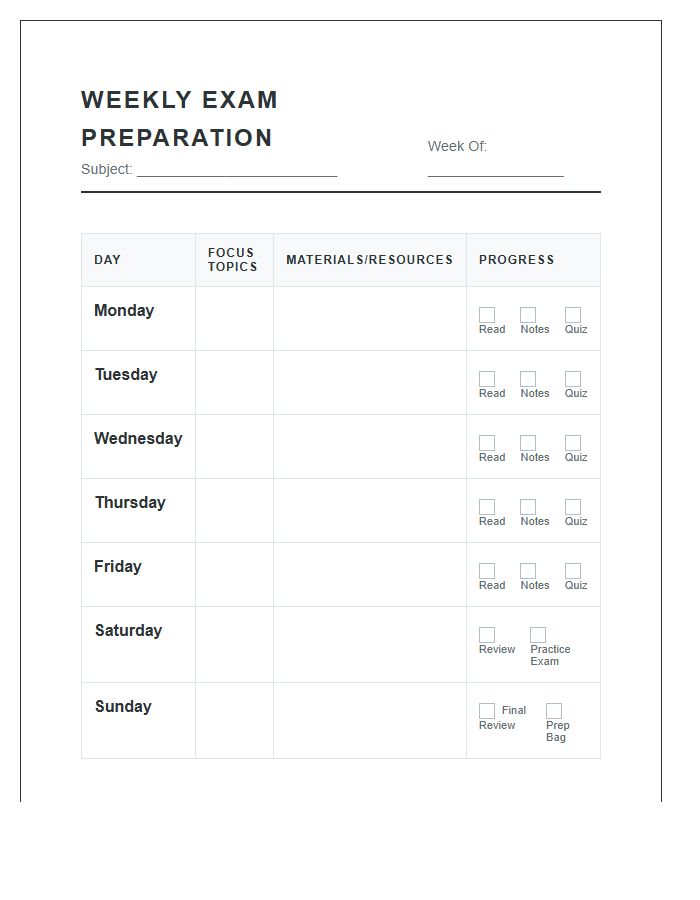 Weekly Exam Preparation Printable Chart