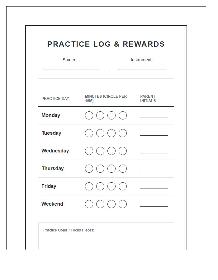 Band Student Practice Reward Printable Chart