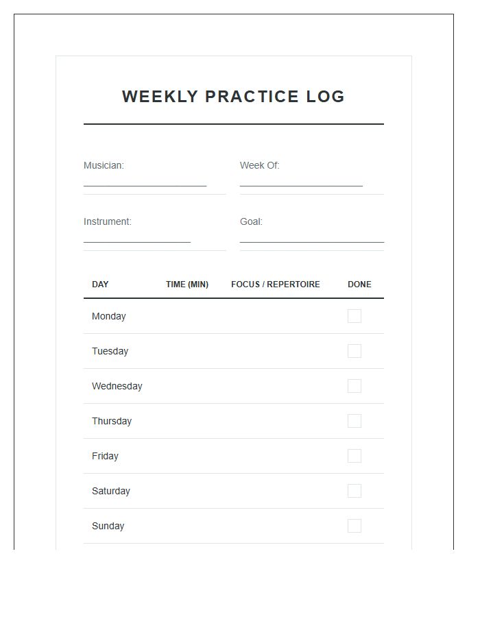 Home Music Practice Tracking Printable Chart