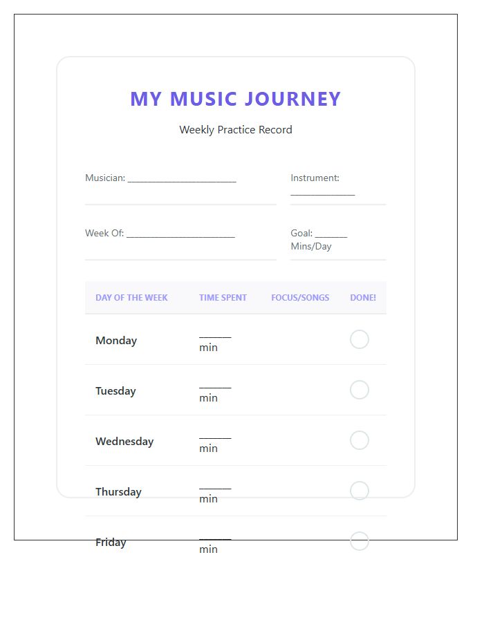 Kids Music Practice Progress Printable Chart