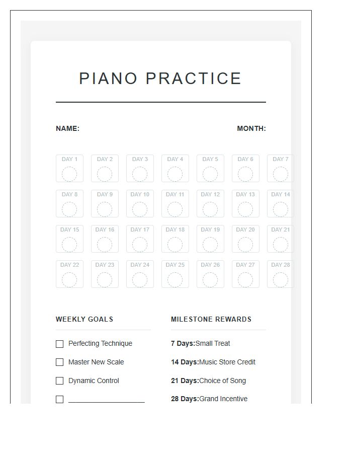 Piano Practice Incentive Printable Chart