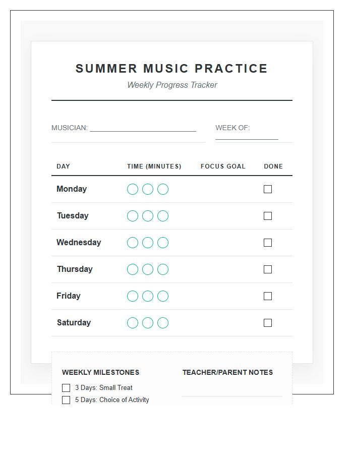 Summer Music Practice Incentive Printable Chart