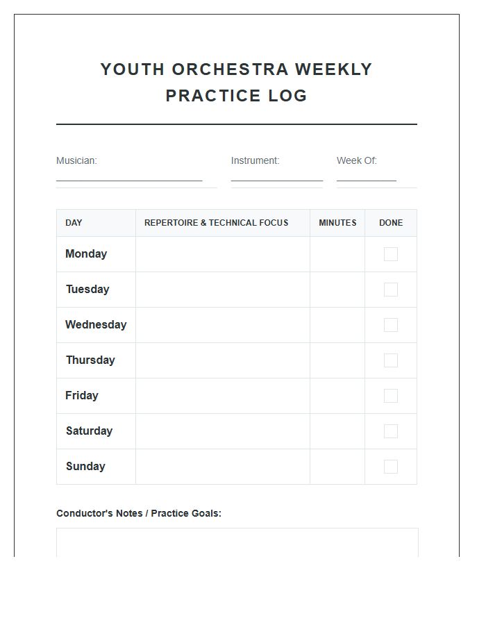 Youth Orchestra Practice Printable Chart