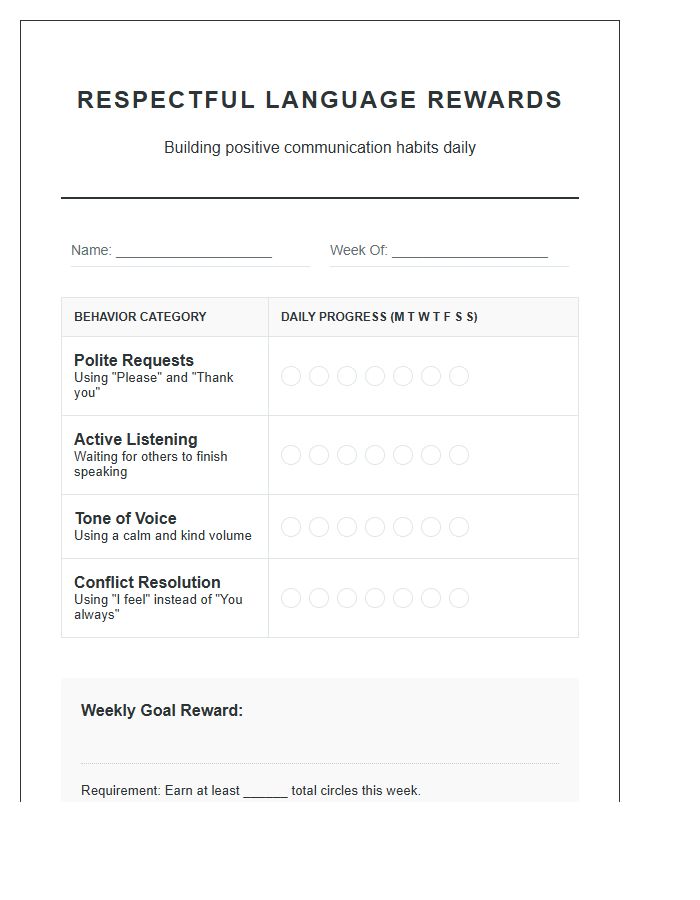 Respectful Language Rewards Printable Chart