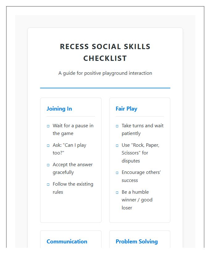 School Recess Social Skills Printable Chart