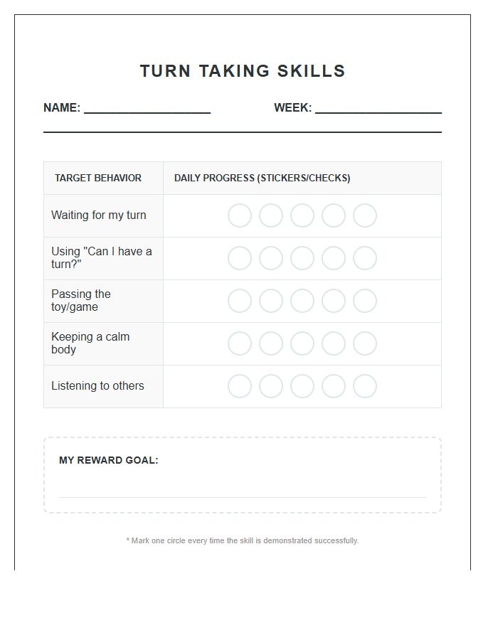 Turn Taking Skills Rewards Printable Chart