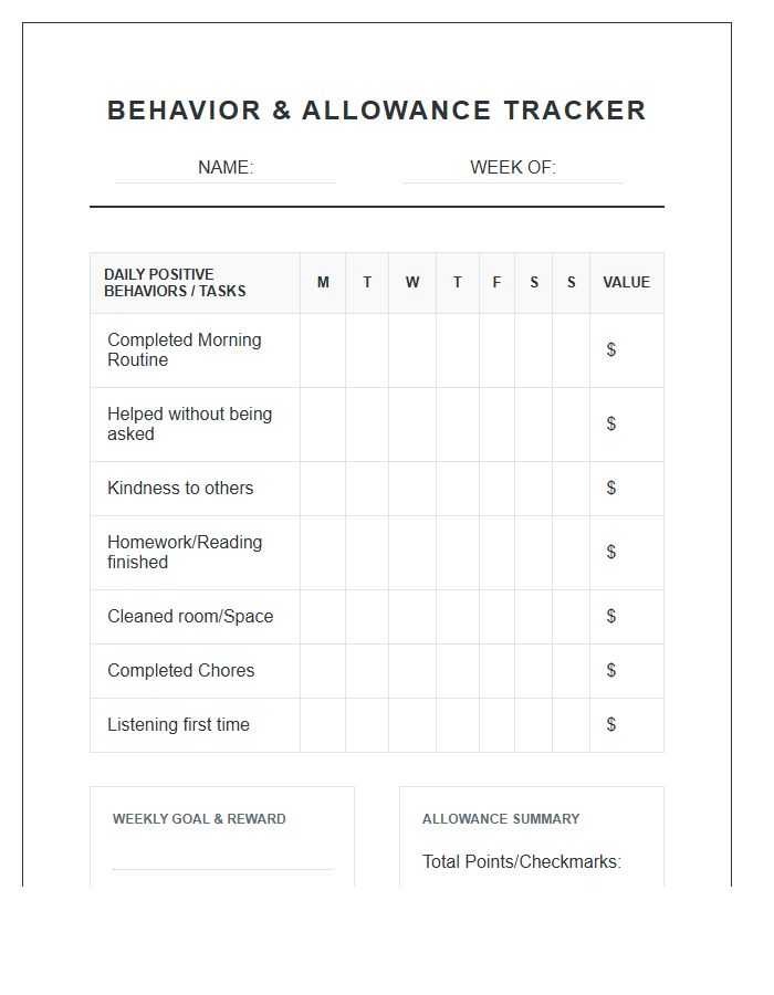 Behavior Reward Allowance Printable Chart