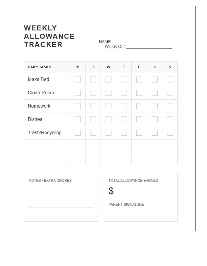 Daily Task Weekly Allowance Printable Chart