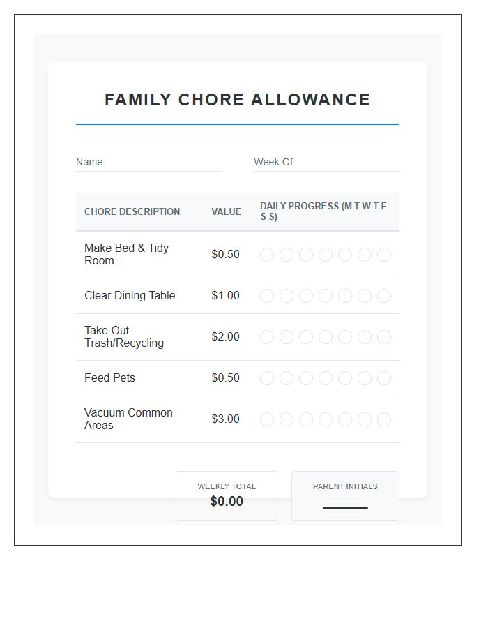 Family Chore Allowance Printable Chart