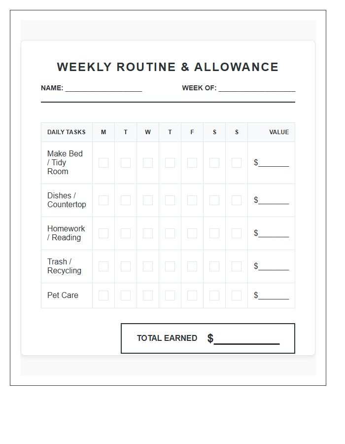 Home Routine Allowance Printable Chart