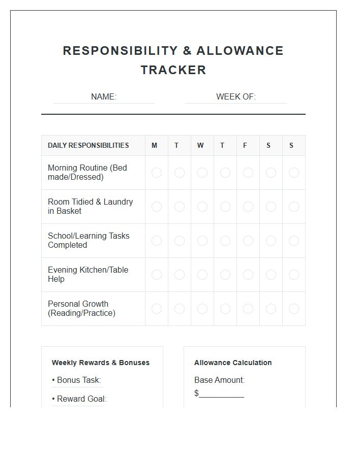 Responsibility Rewards Allowance Printable Chart