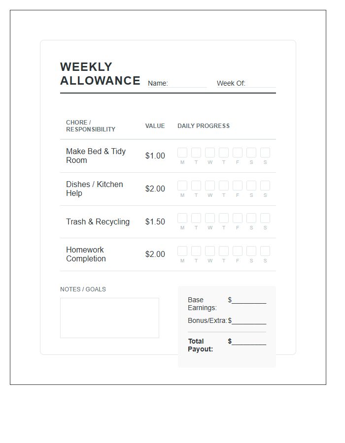 Structured Weekly Allowance Printable Chart