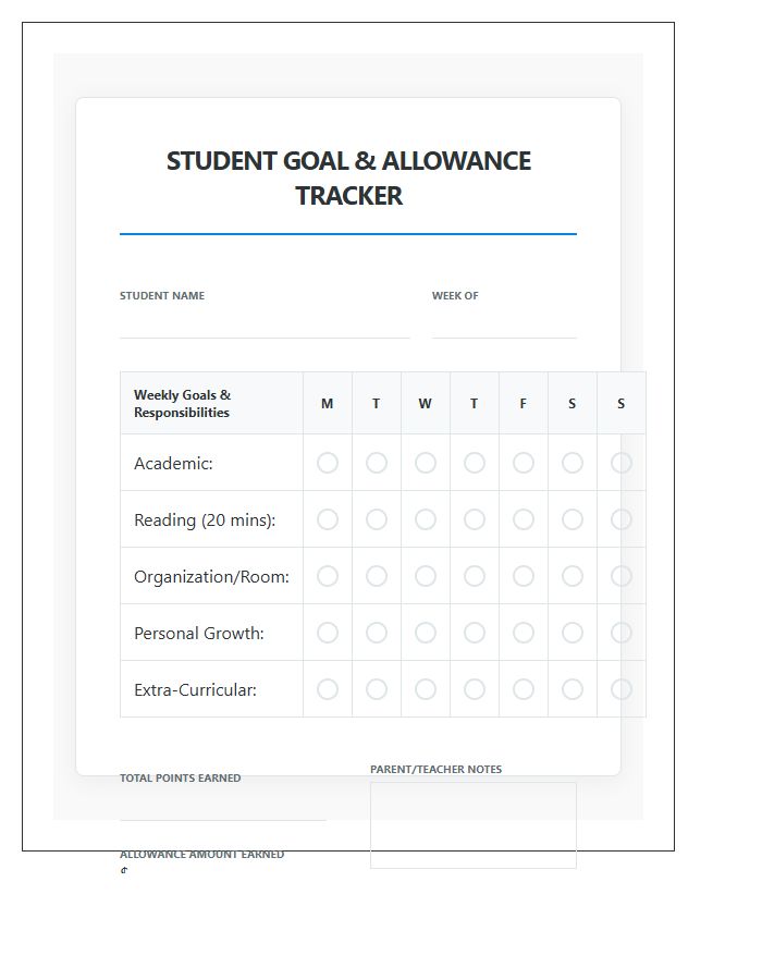 Student Goal Setting Allowance Printable Chart