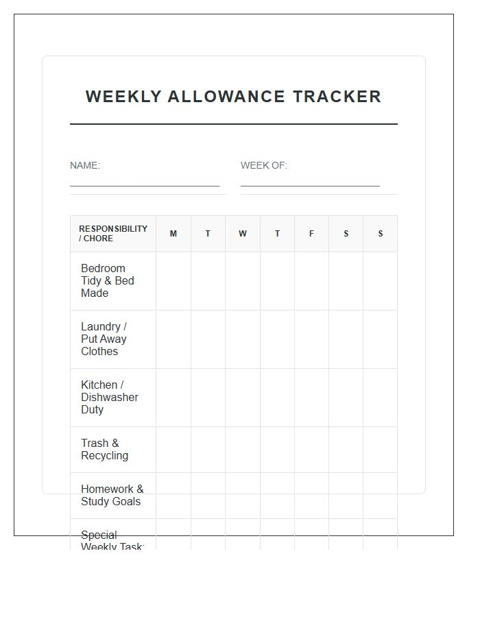 Teen Weekly Allowance Printable Chart