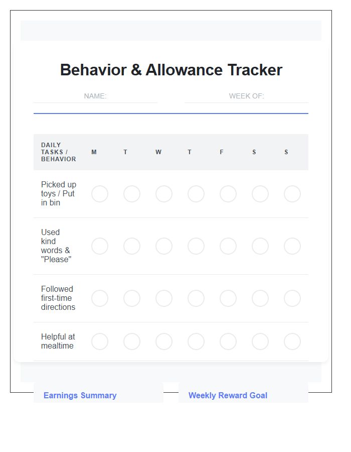 Toddler Behavior Allowance Printable Chart