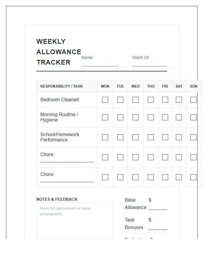 Weekly Allowance Performance Printable Chart