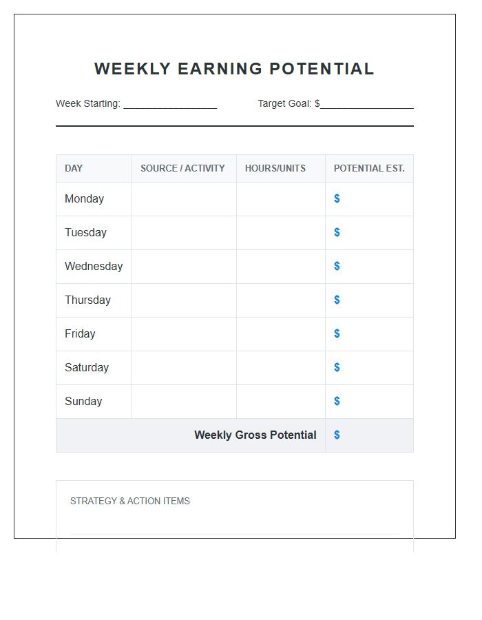 Weekly Earning Potential Printable Chart