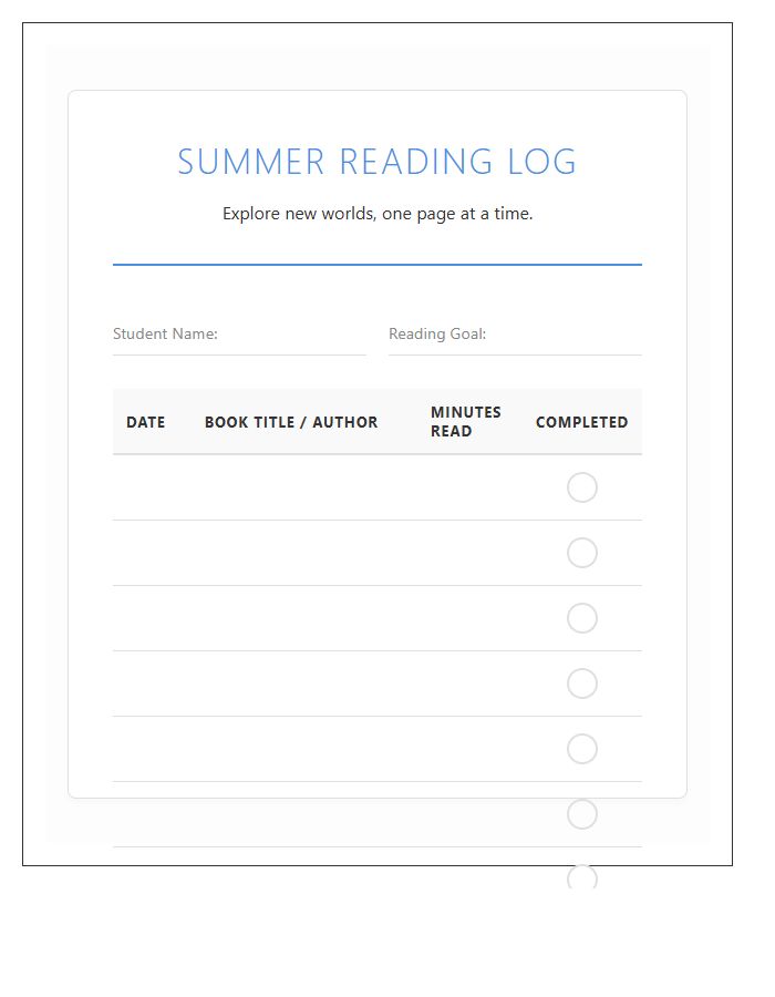 Educational Summer Reading Rewards Printable Chart