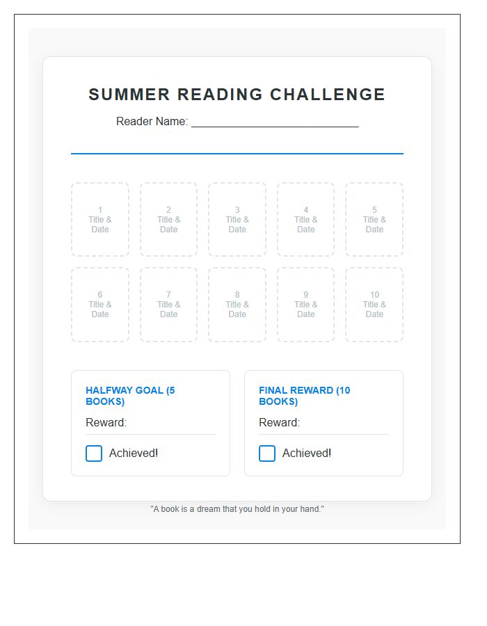 Goal Oriented Summer Reading Rewards Printable Chart